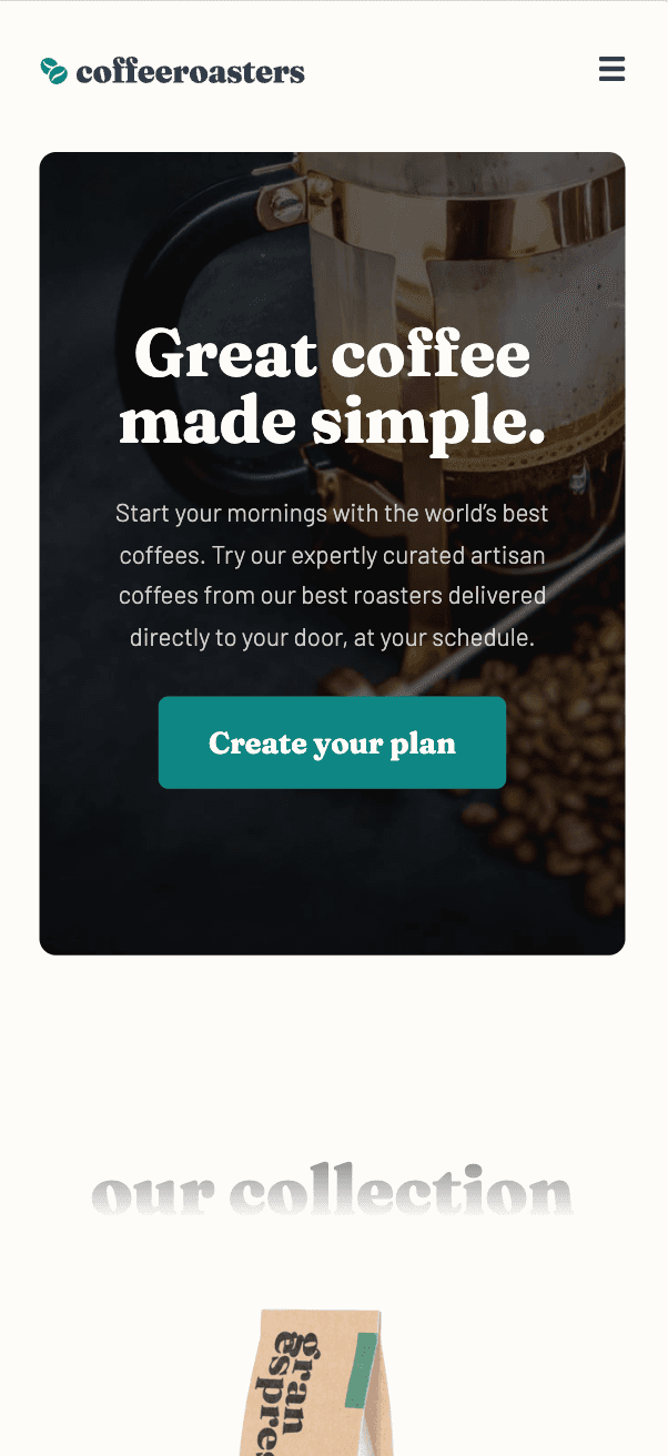 Sekcja hero „Great coffee made simple” w widoku mobilnym