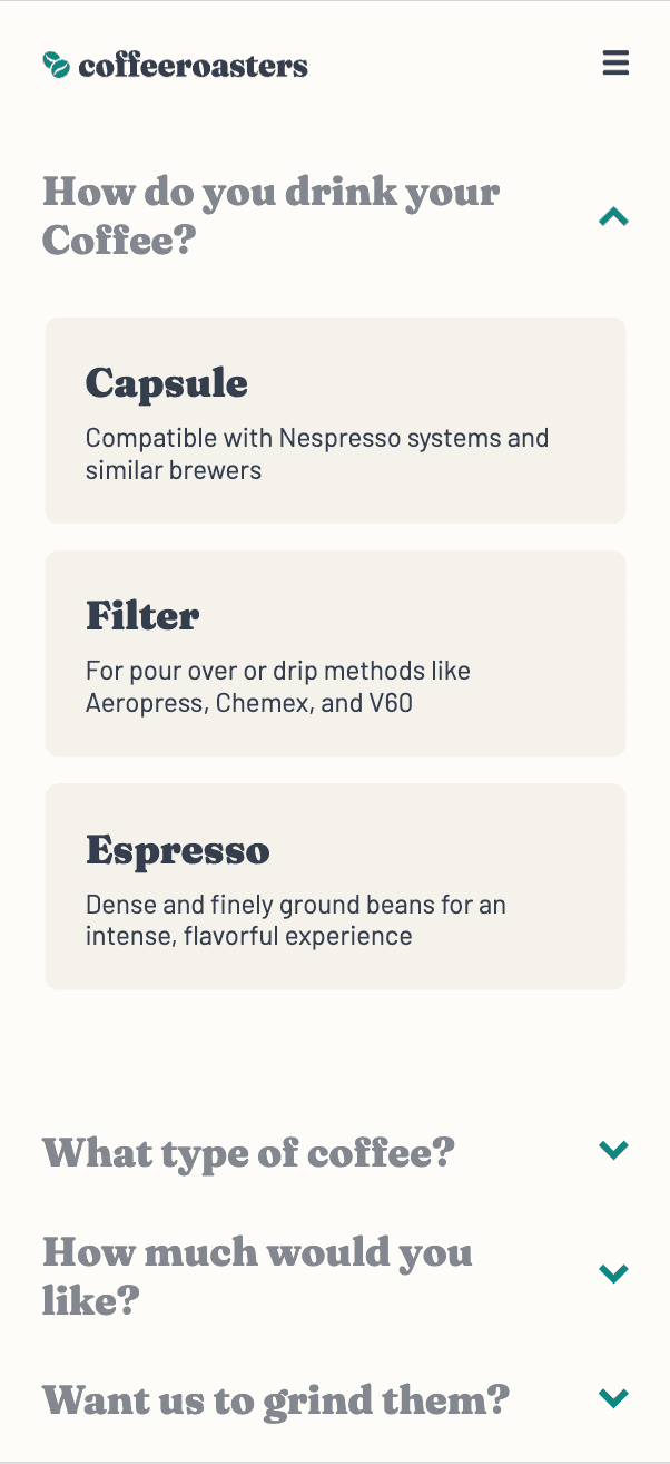 Kreator planu subskrypcji Coffee Roasters w widoku mobilnym