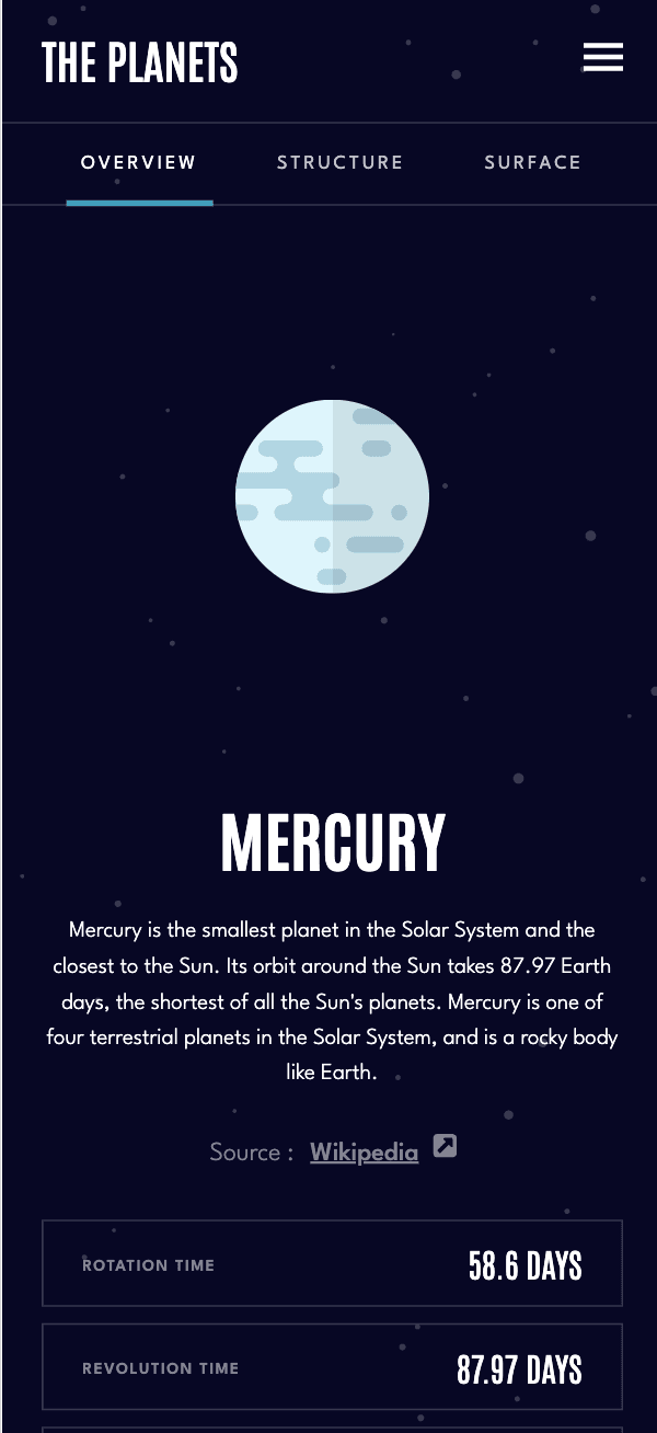 Widok Merkurego w aplikacji Planets Facts na telefonie
