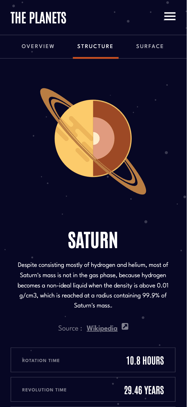 Saturn w zakładce budowy wewnętrznej na telefonie