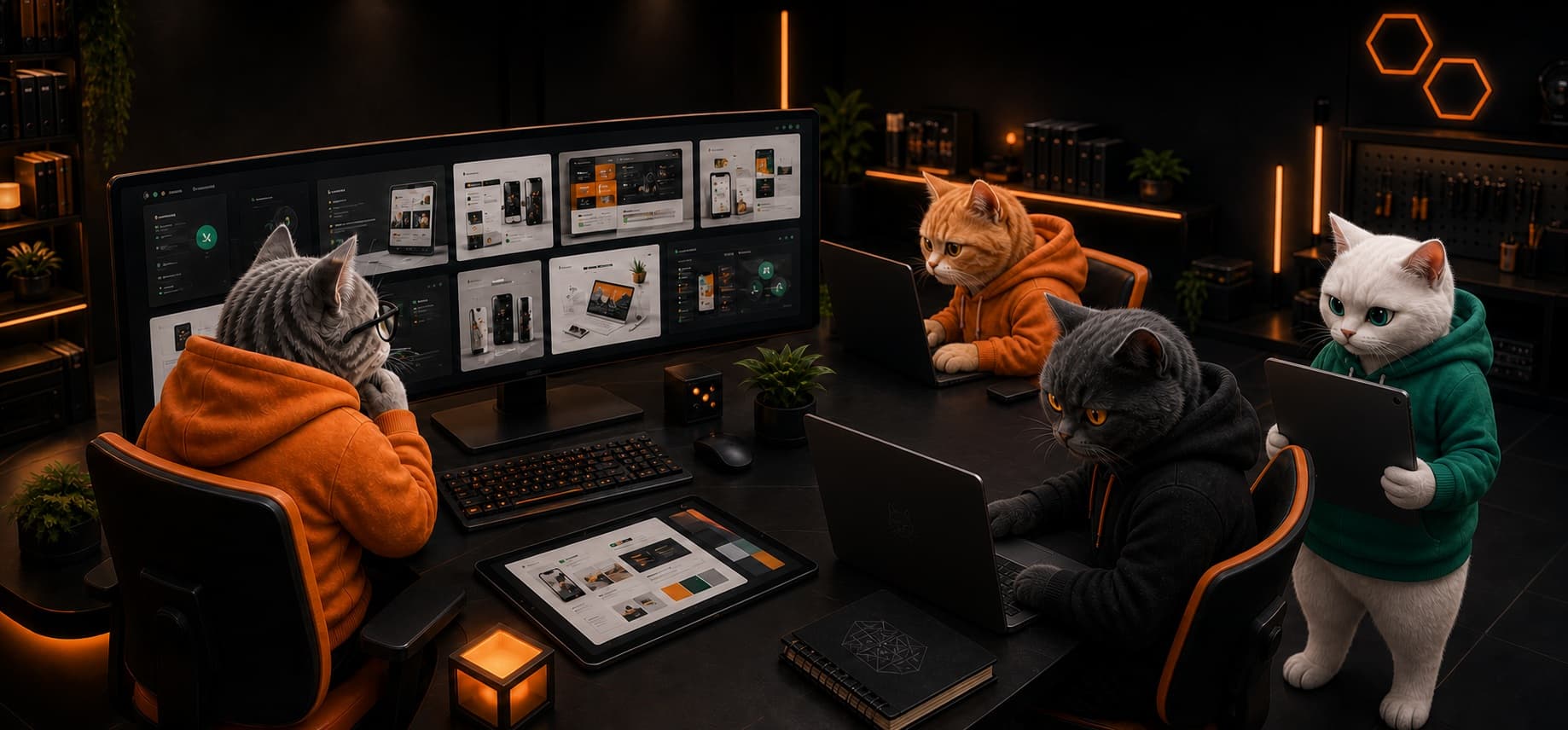 Zespół kotów CatByte pracujący nad portfolio stron, aplikacji i sklepów internetowych