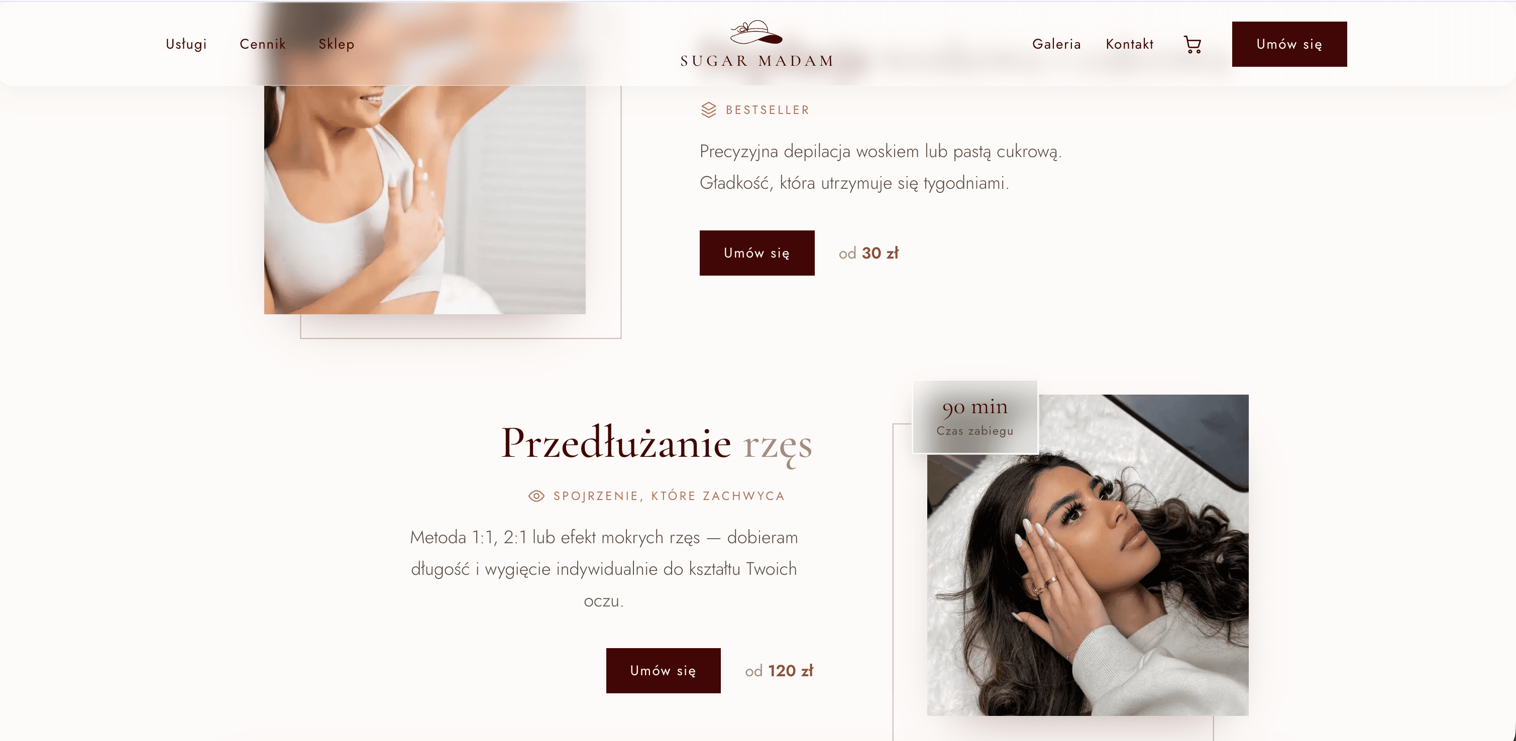 Lista zabiegów Sugar Madam z czasem trwania i ceną w widoku desktopowym
