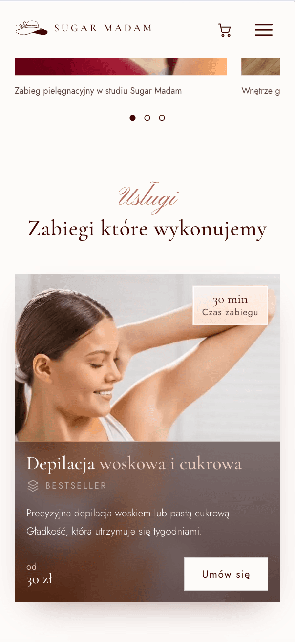 Lista zabiegów Sugar Madam w widoku mobilnym