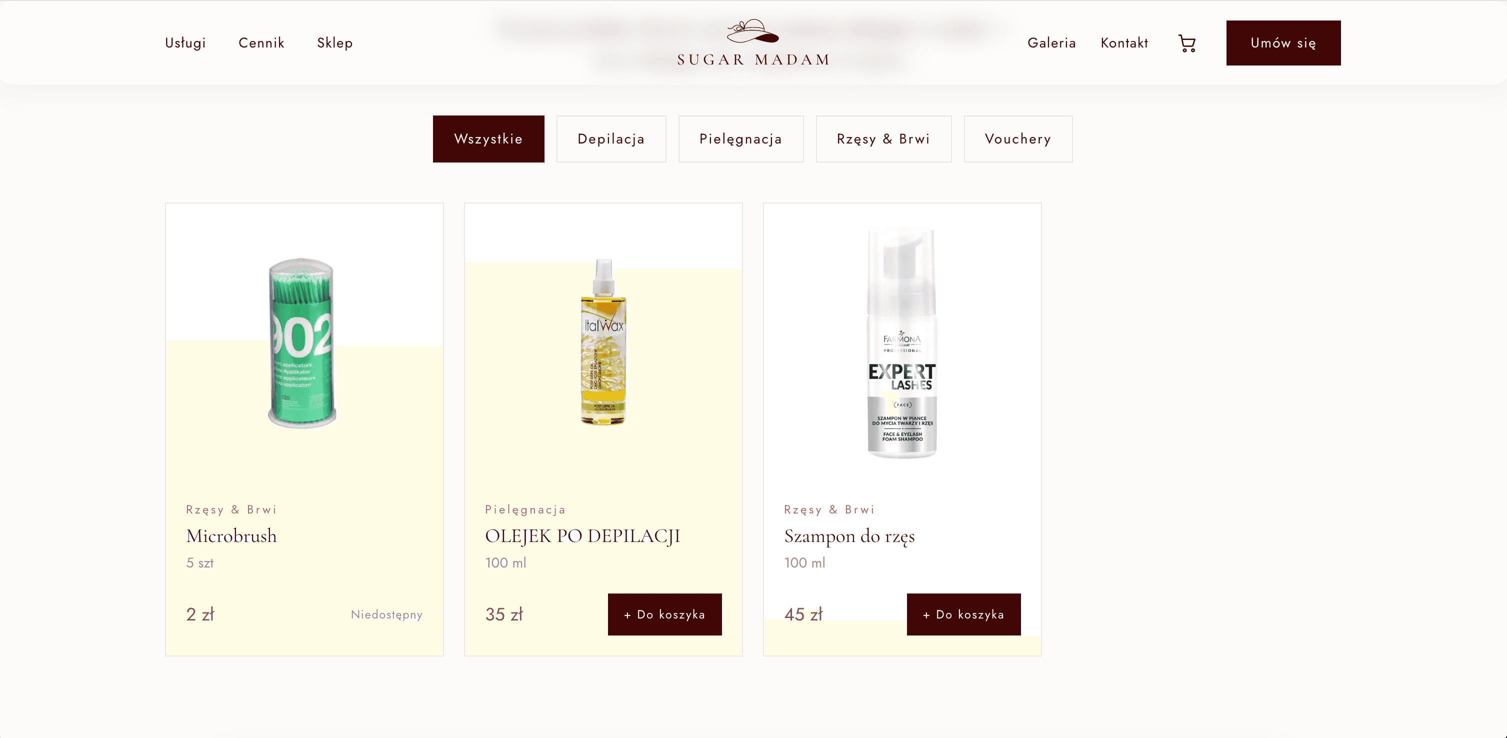 Sklep Sugar Madam z filtrami kategorii i katalogiem produktów w widoku desktopowym