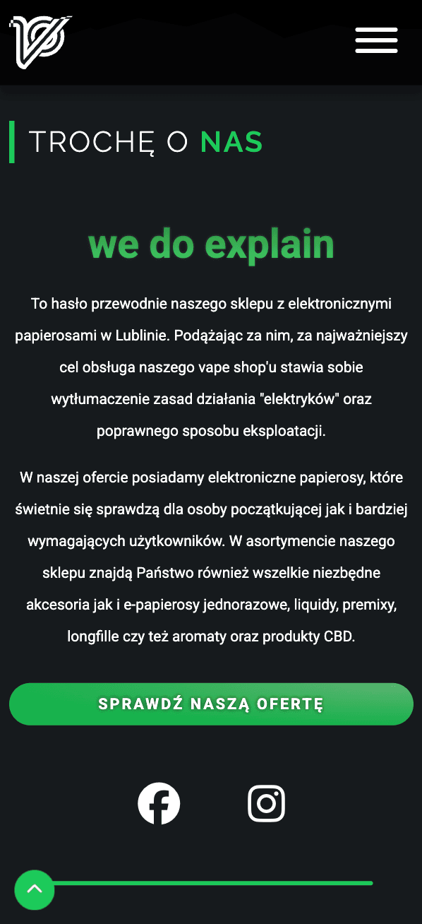 Sekcja „Trochę o nas” Ten Vape w widoku mobilnym