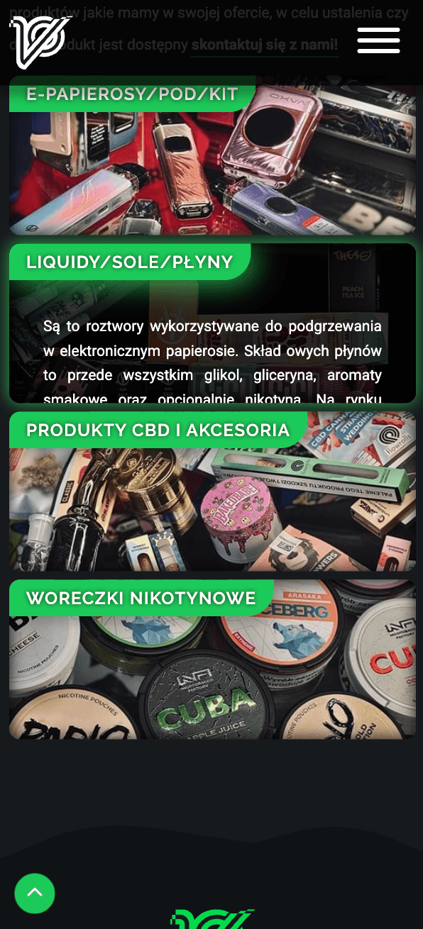 Kategorie produktów Ten Vape w widoku mobilnym
