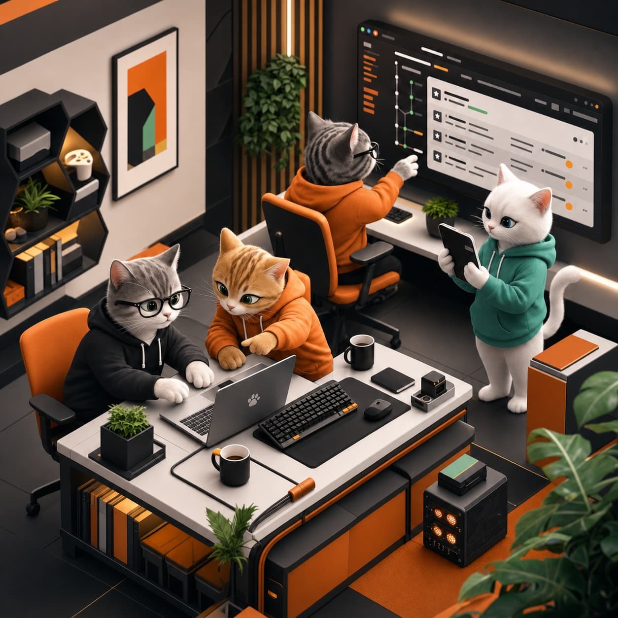 Kot CatByte w okularach i bluzie z kapturem w ciemnym studiu software'owym