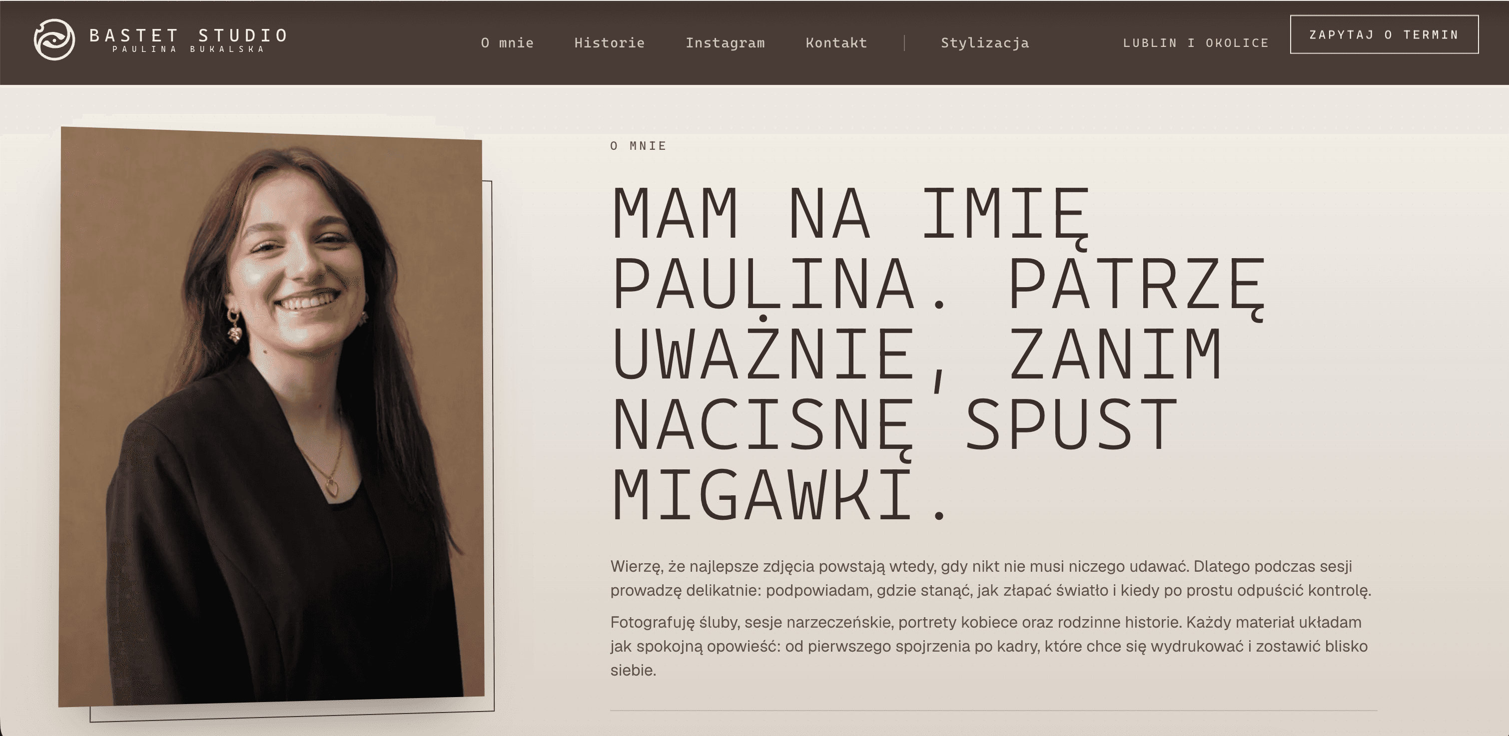 Sekcja „O mnie” z portretem i opisem podejścia do sesji