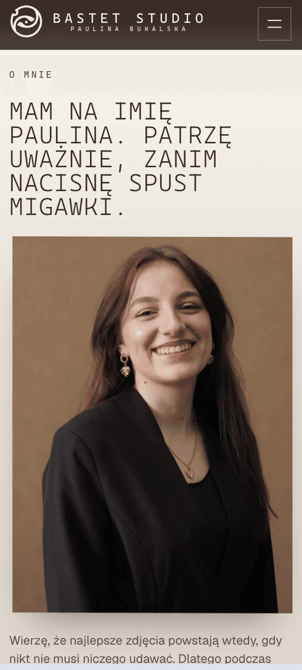 Sekcja „O mnie” Bastet Studio w widoku mobilnym