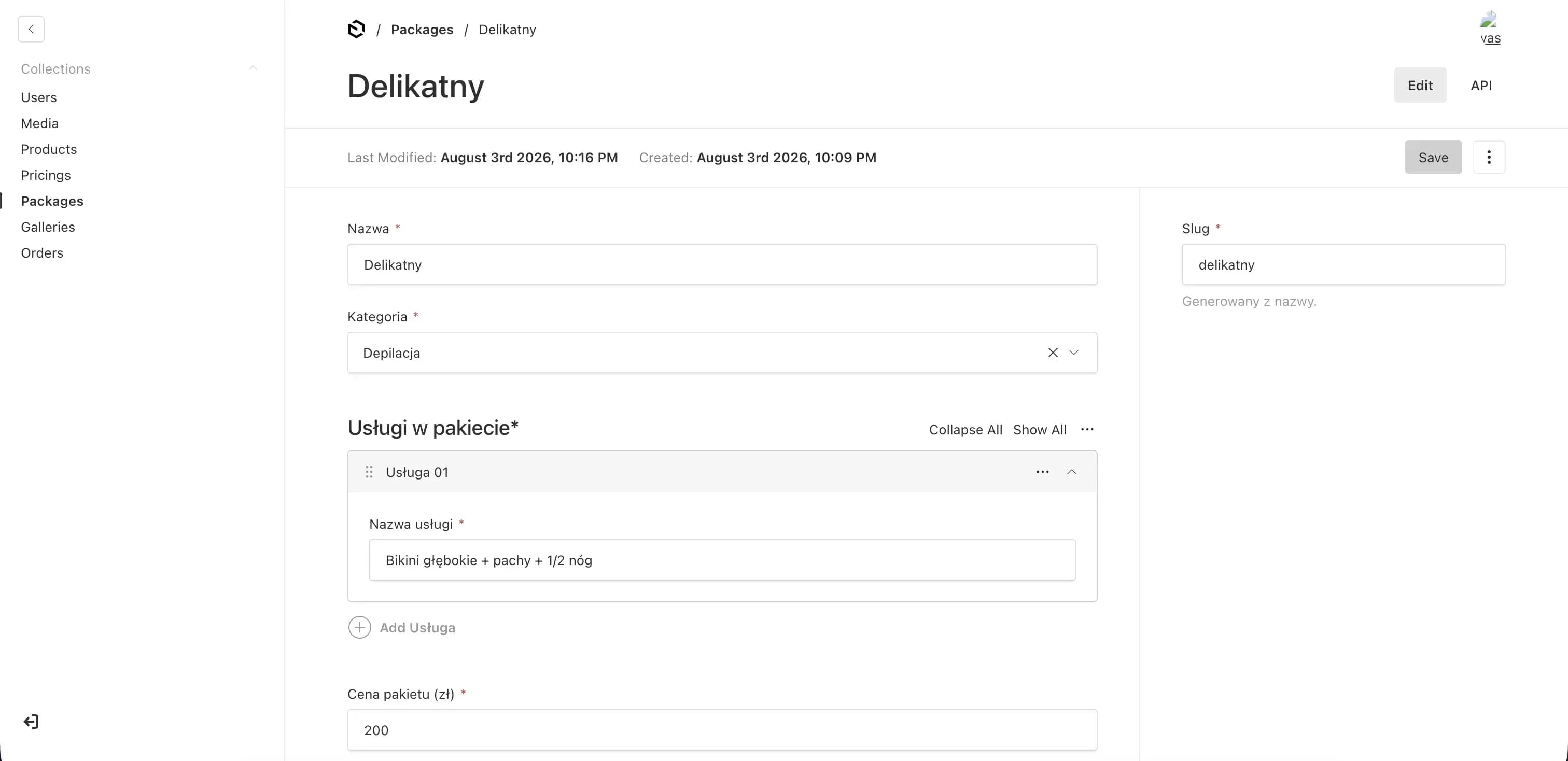 Edycja pakietu w kolekcji Packages - lista zabiegów jako pole typu array, slug generowany automatycznie z nazwy. Źródło: https://sugar-madam.pl