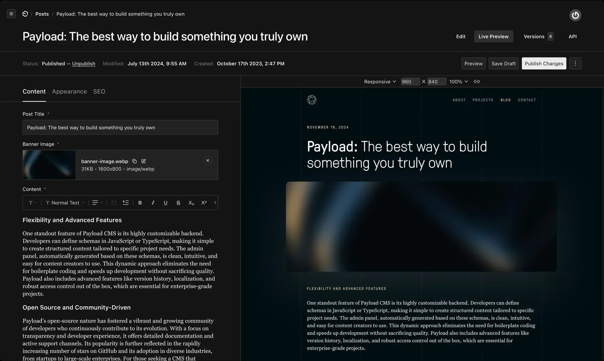 Live Preview w Payload - zmiany w edytorze widać od razu w podglądzie strony. Źródło: https://payloadcms.com